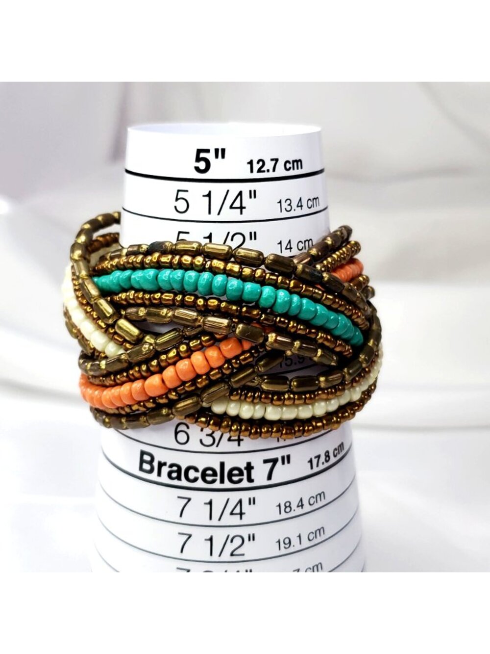 Boho Cuff Bracelet Beaded on Memory Wire Braided Gold Coral Turquoise & White